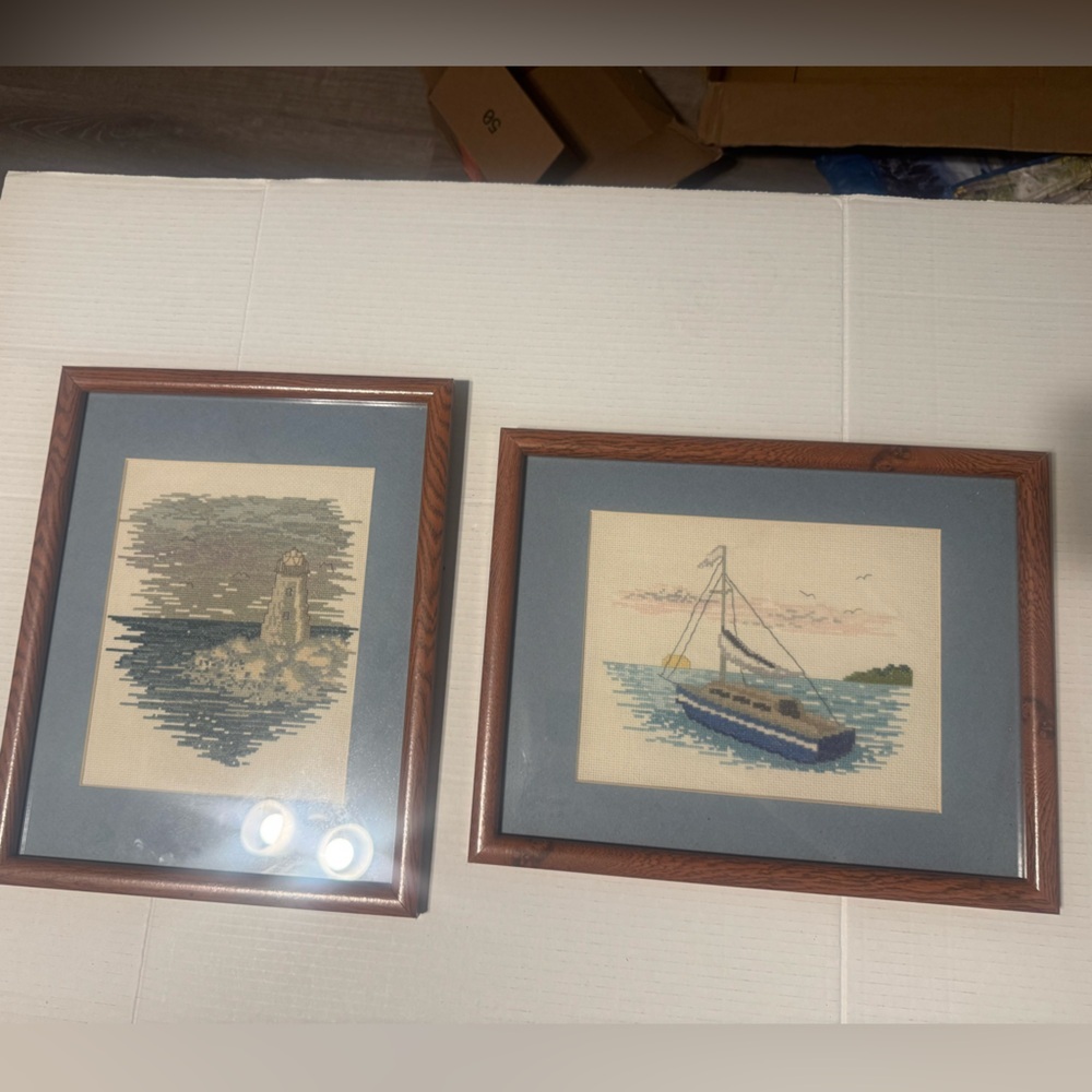 Vintage Framed Nautical Cross-Stitch Art Set